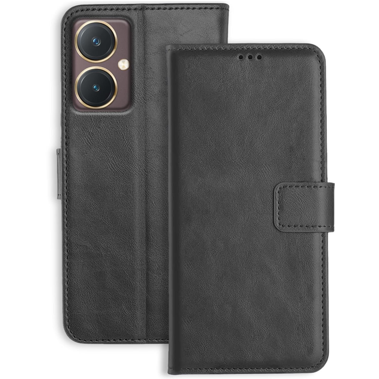 71XW24d66QL._SL1500_ icall Shock Proof Flip Cover Back Case Cover for Vivo Y27 4G (Flexible | Leather Finish | Card Pockets Wallet & Stand | Black) - Image 1